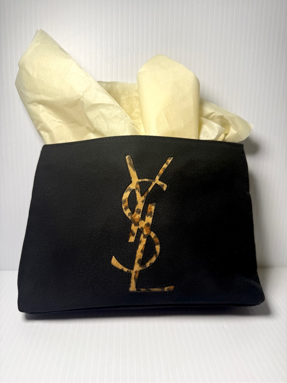 Yves Saint Laurent Black Sueded Pouch with Leopard YSL Logo